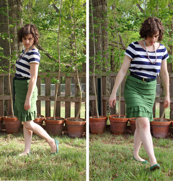 what I wore today - green ruffled skirt and navy striped tee