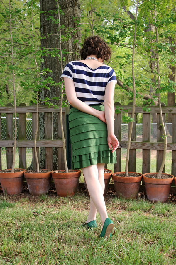 what I wore today - green ruffled skirt and navy striped tee